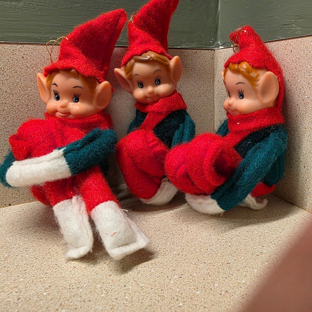 Vintage Knee Hugger Elf Christmas Ornaments Set of 3 Red Green 10 inch Retro